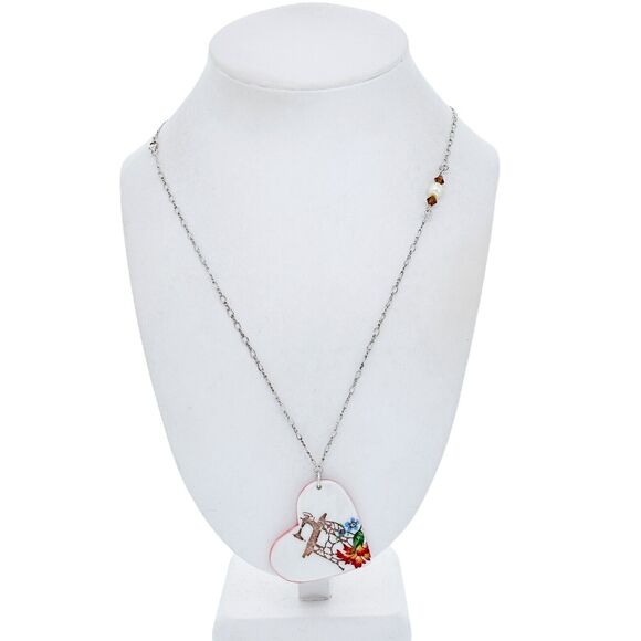 Vintage Sterling Silver Crystal Pearl Accent Ceramic Heart Pendant Necklace 21" - Picture 1 of 5